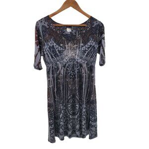 Vintage Womens Multi-Print Boho Dress Size L Gray Short Sleeve V-Neck Agenda